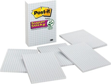 Post-it Super Sticky Notes, 4x6 in, 3 Pads, 2x the Sticking Power, White with Blue Grid Lines, Recyclable (660-SSGRID)